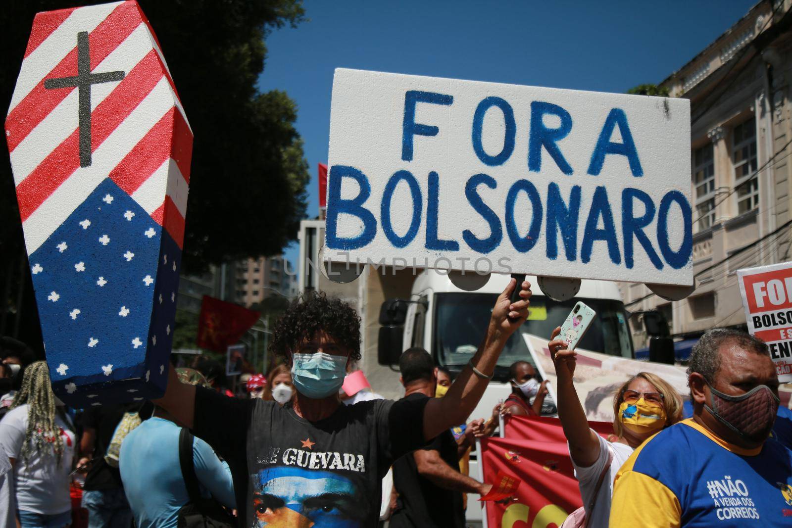 salvador, bahia, brazil - september 7, 2021: Protesters against the government of President Jair Bolsonaro protest in the city of Salvador. The act marks Brazil's Independence Day.