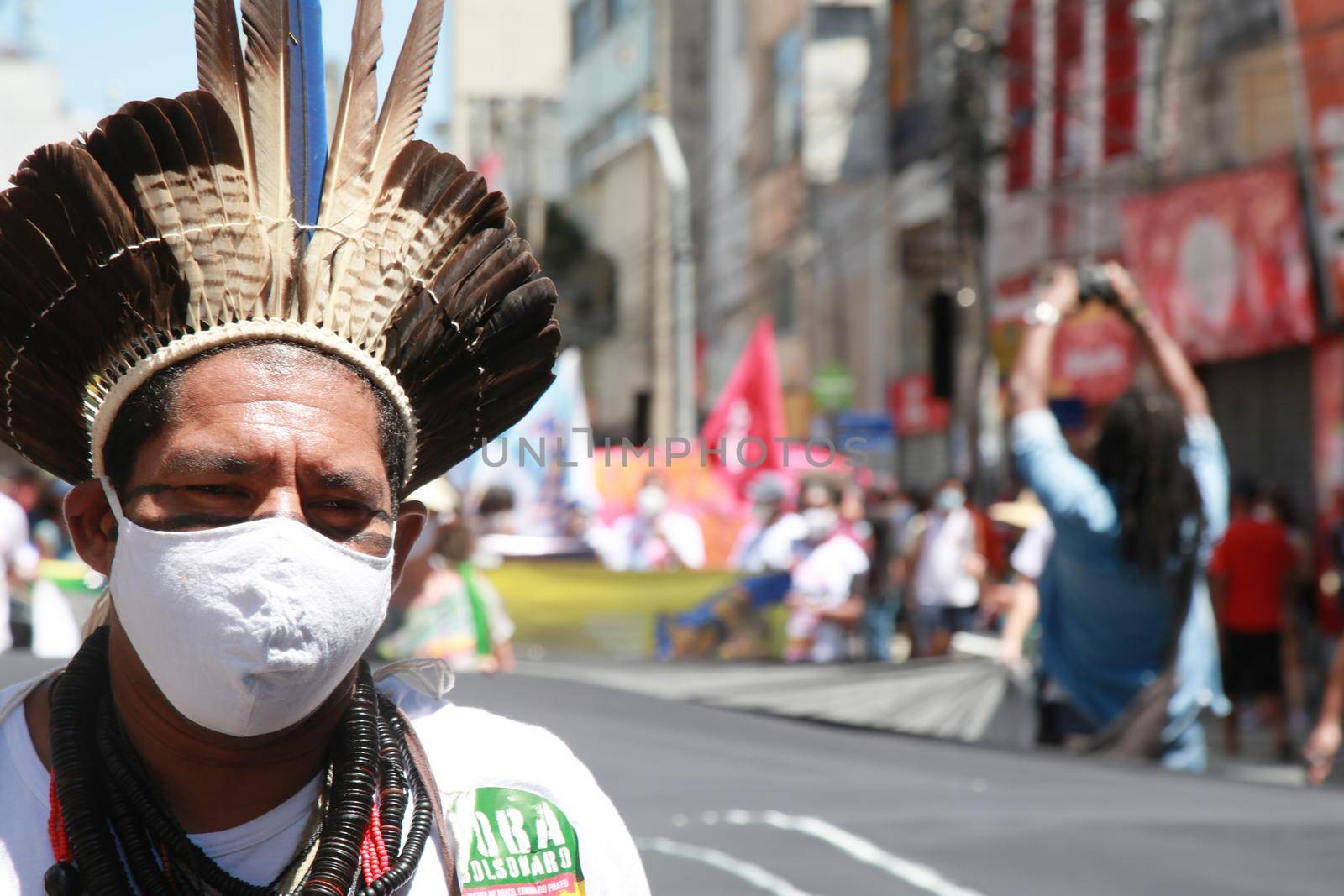 salvador, bahia, brazil - september 7, 2021:Pataxo Indians seen during a demonstration against President Jair Bolsonaro in the city of Salvador.