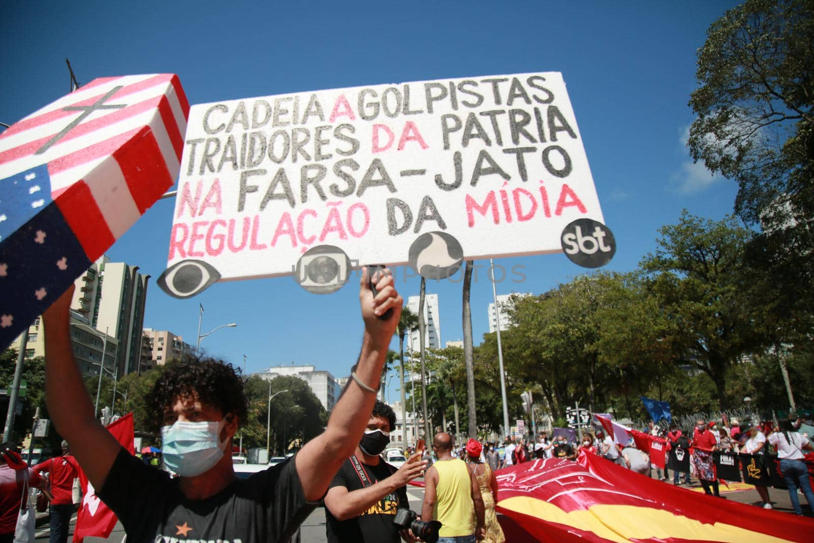salvador, bahia, brazil - september 7, 2021: Protesters against the government of President Jair Bolsonaro protest in the city of Salvador. The act marks Brazil's Independence Day.