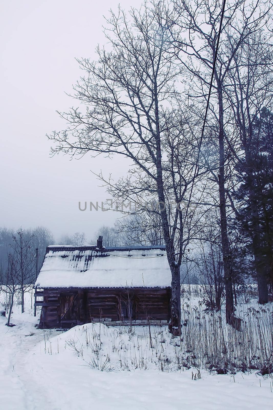 Old wooden building of bathhouse in the village in winter day. Traditional exterior oin Russian style.