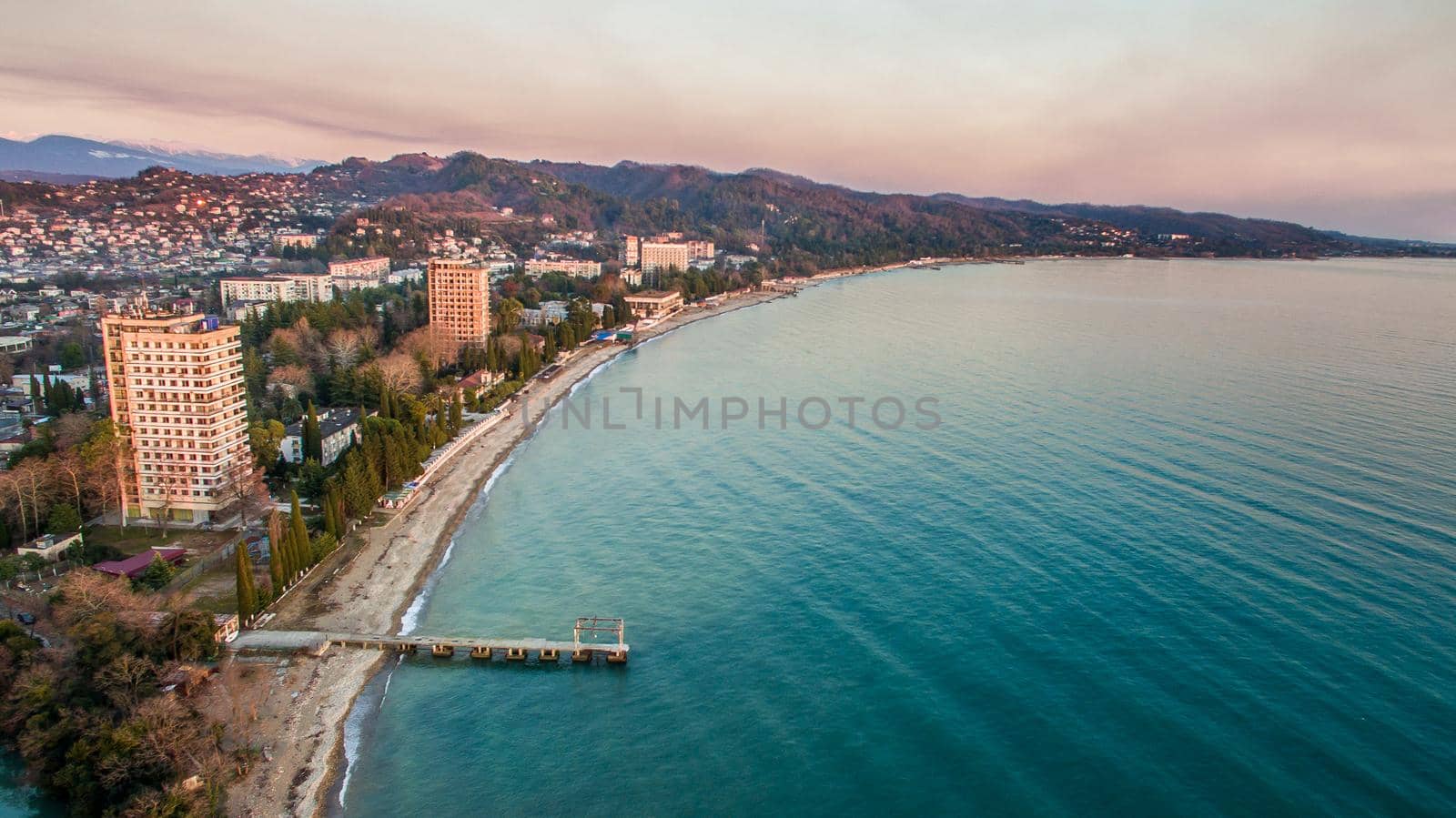 Aerial survey of the coastline of the urban landscape. Sukhumi, Abkhazia