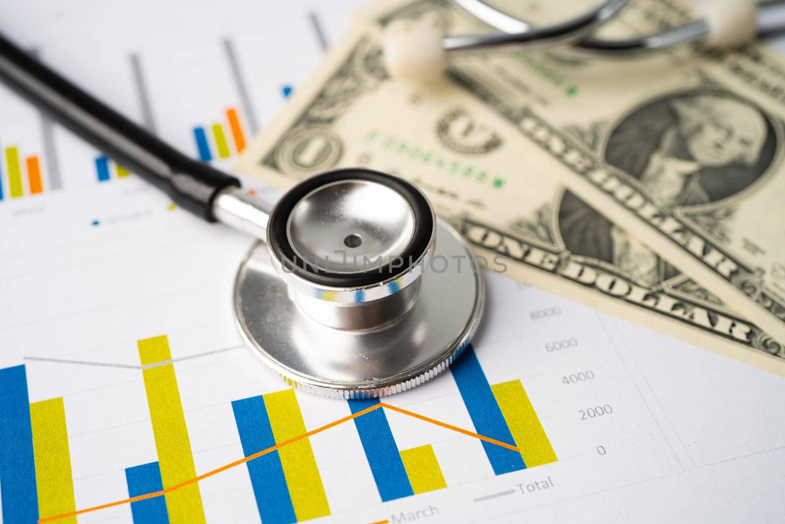 Stethoscope and US dollar banknotes on chart or graph paper, Financial, account, statistics and business data medical health concept. by pamai