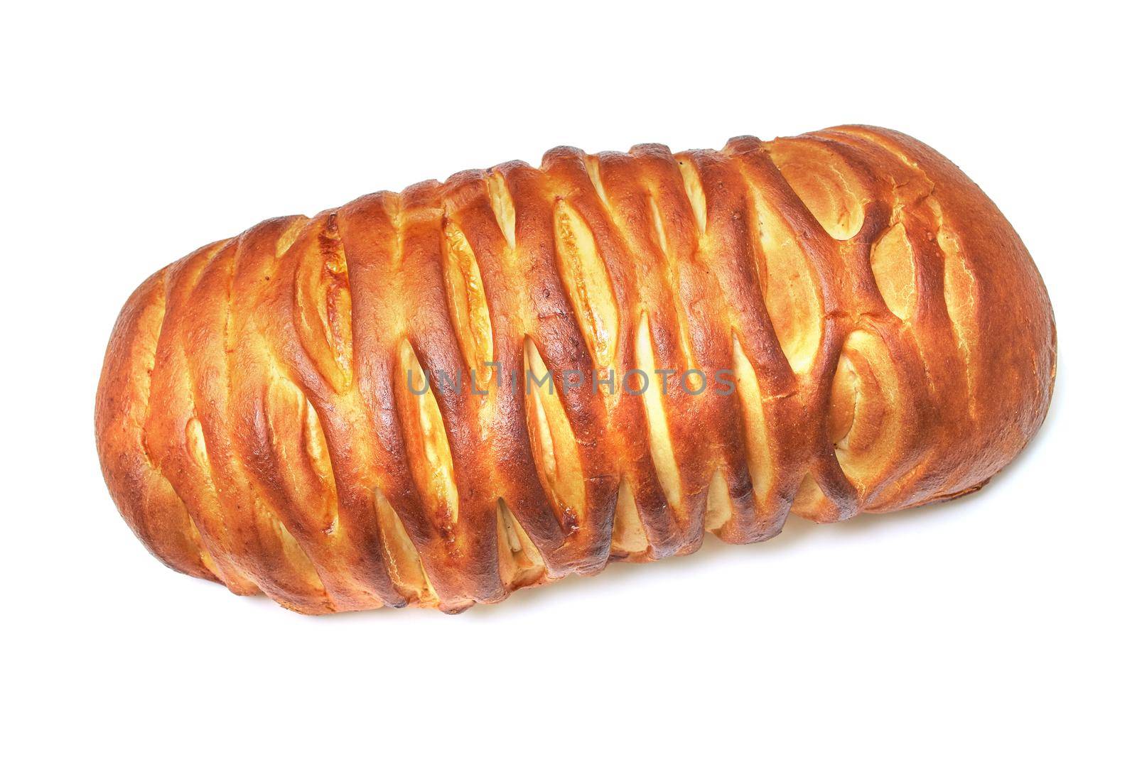 Baked bread with jam on white background