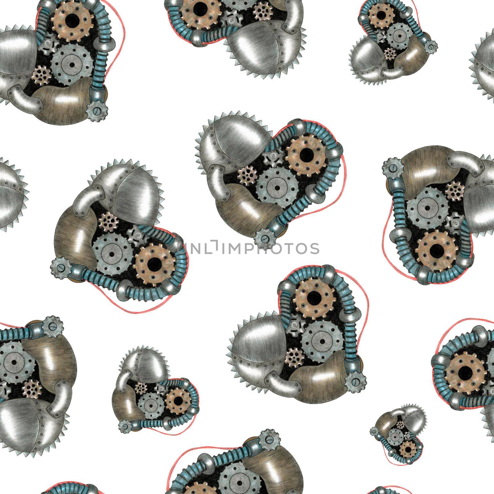 Hand-Drawn Seamless Pattern of Gray and Yellow Colored Steampunk Heart of Various Sizes on White Backdrop.