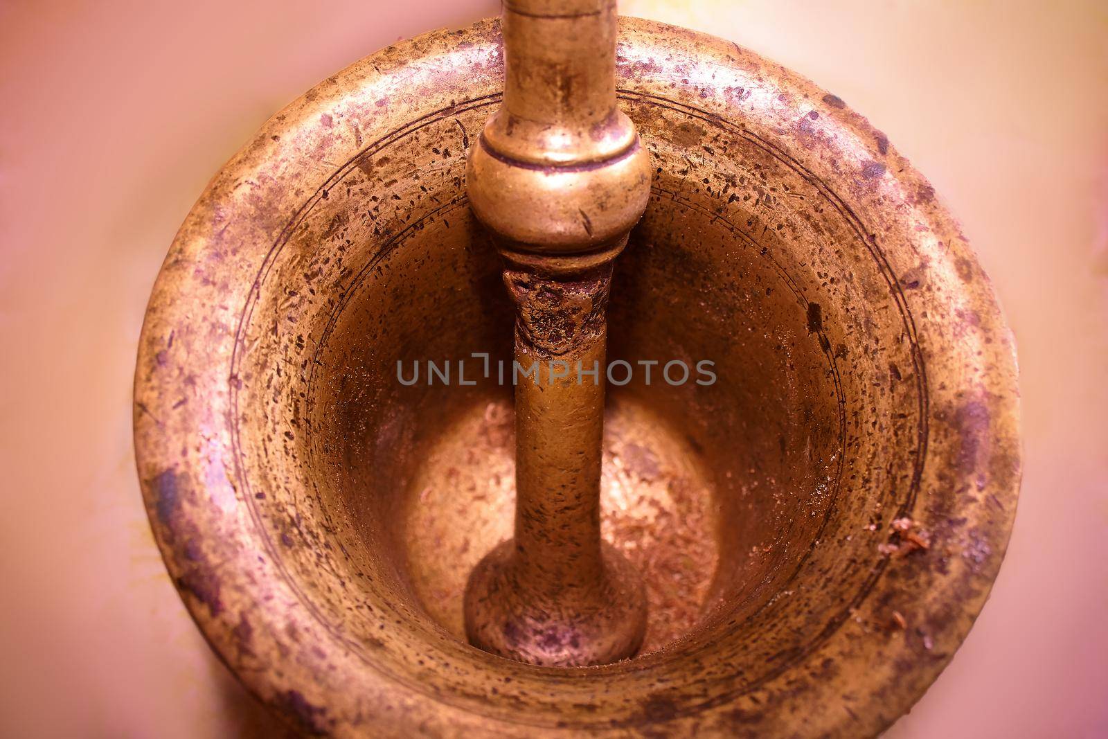 Old bronze mortar.For grinding medicinal plants.Top view.