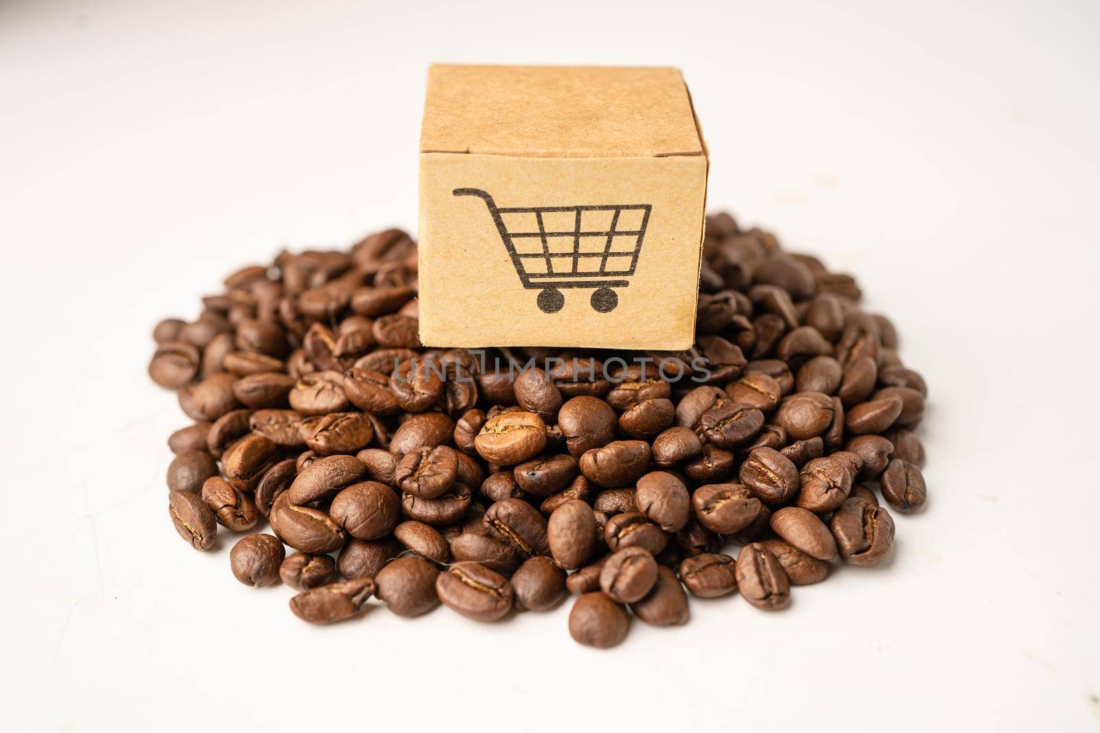 Box with shopping cart logo symbol on coffee beans, Import Export Shopping online or eCommerce delivery service store product shipping, trade, supplier concept.