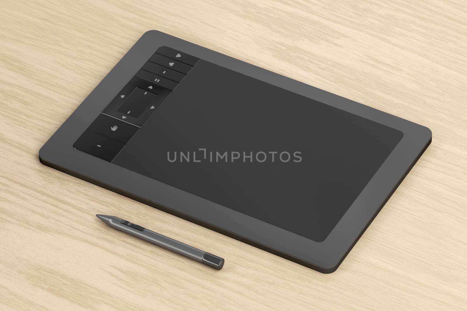 Drawing tablet with pen on wooden desk
