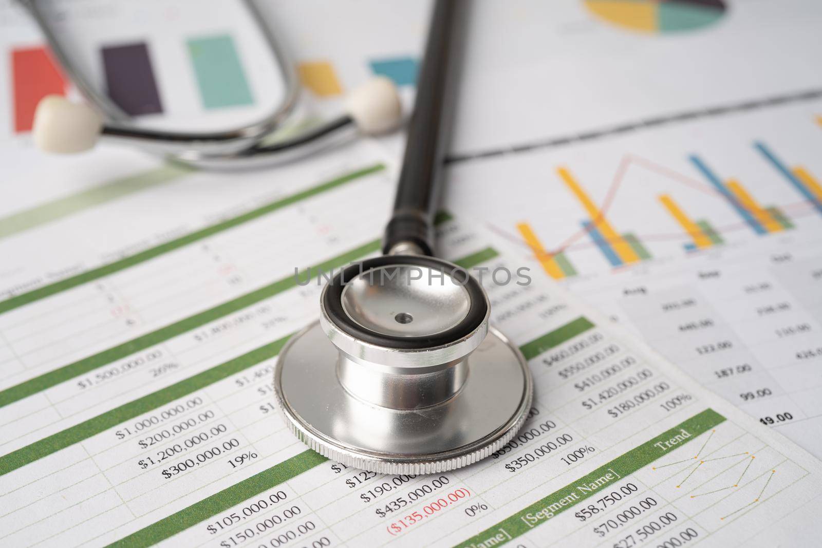 Stethoscope on charts and graphs paper, Finance, Account, Statistics, Investment, Analytic research data economy and Business company concept. by pamai