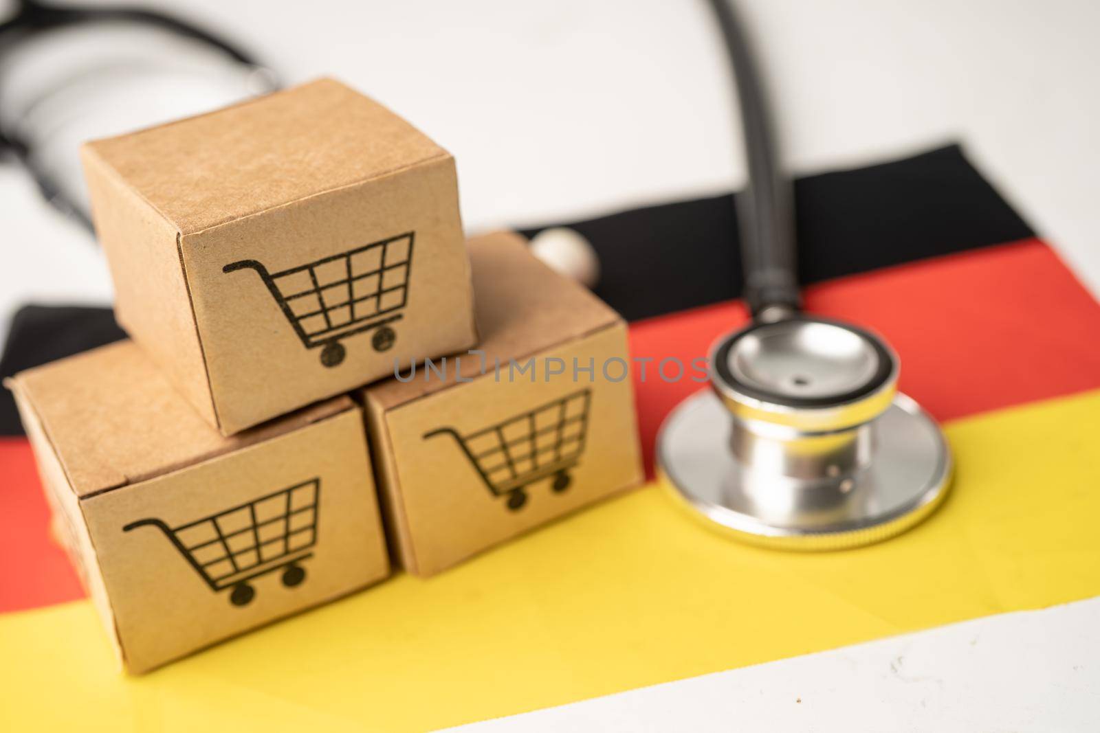 Shopping cart logo with Germany flag, Shopping online Import Export eCommerce finance business concept.