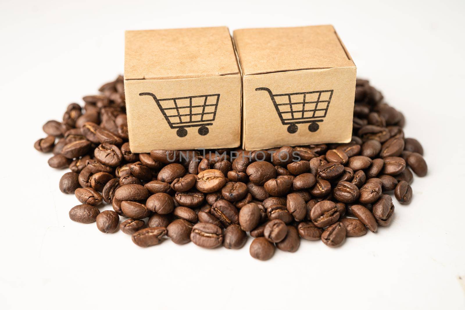 Box with shopping cart logo symbol on coffee beans, Import Export Shopping online or eCommerce delivery service store product shipping, trade, supplier concept. by pamai