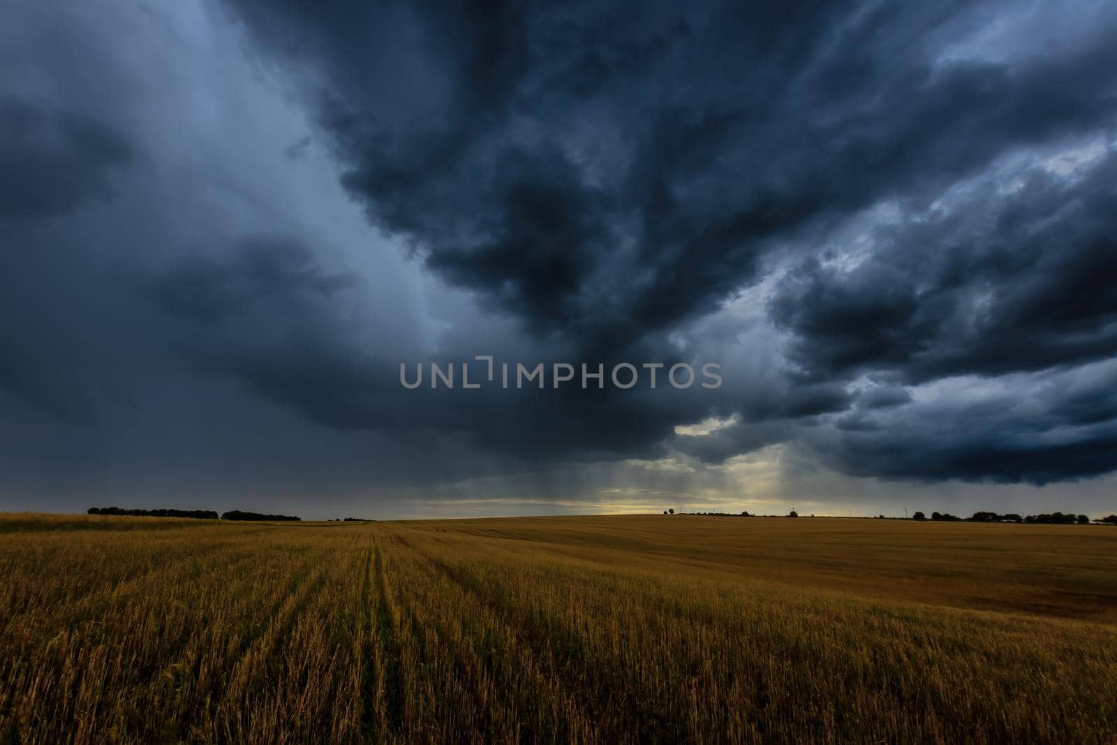 Dark storm clouds in an agricultural field in autumn. An impending storm, hurricane or thunderstorm. by Eugene_Yemelyanov