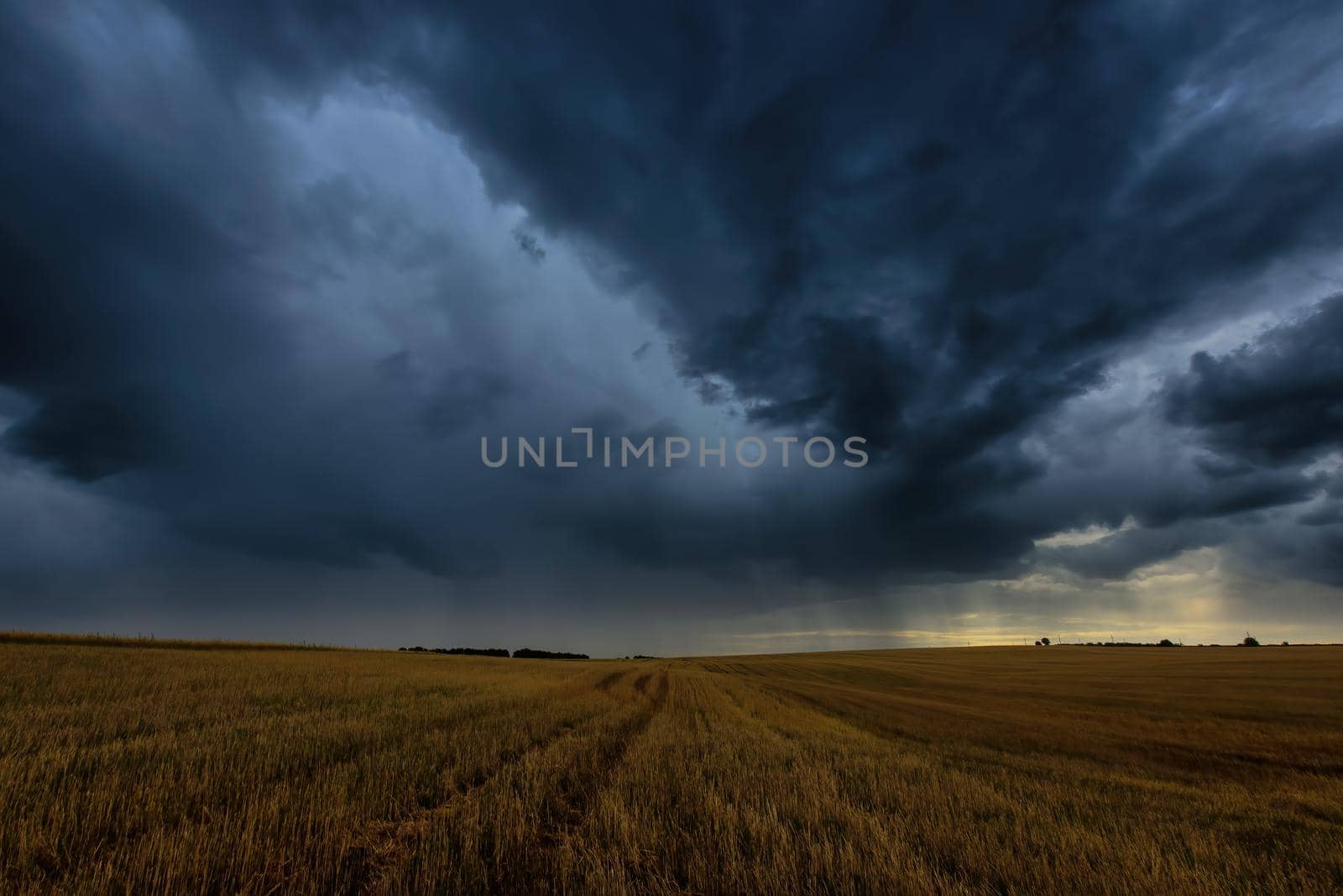 Dark storm clouds in an agricultural field in autumn. An impending storm, hurricane or thunderstorm. by Eugene_Yemelyanov