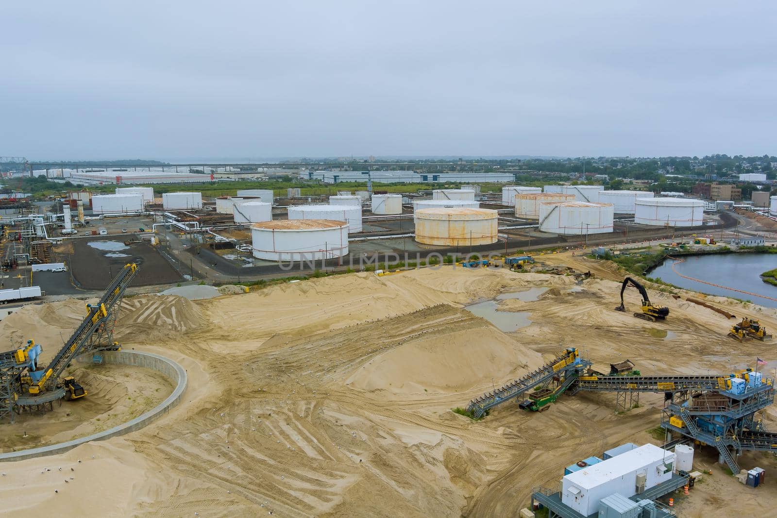 Panorama view construction of a new terminal large oil storage tank industry oil refinery