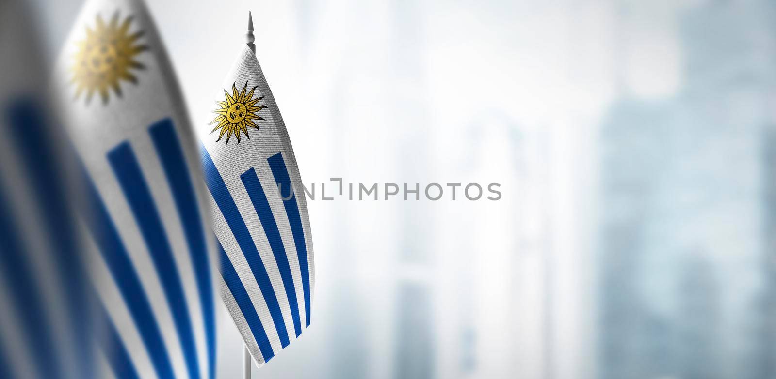 Small flags of Uruguay on a blurry background of the city by butenkow