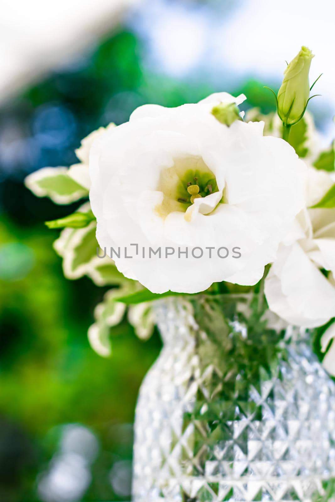 Wedding decoration, table decor and floral beauty, bouquet of white roses in luxury restaurant, beautiful flowers from summer garden.