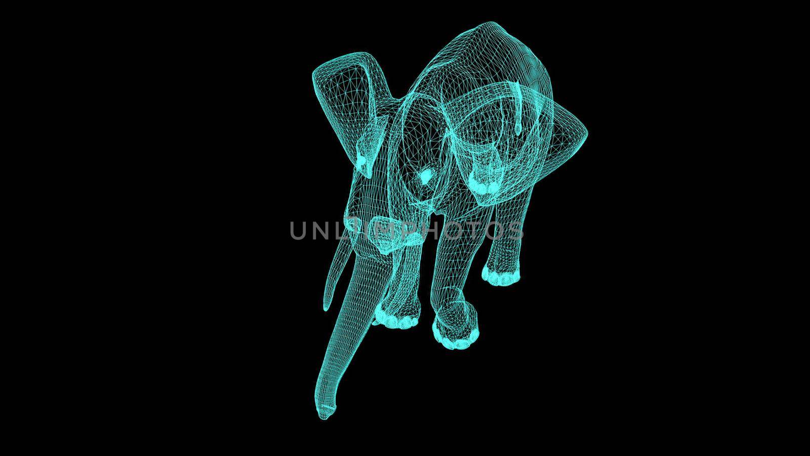 3d illustration - Wireframe Elephant On black  Screen by vitanovski