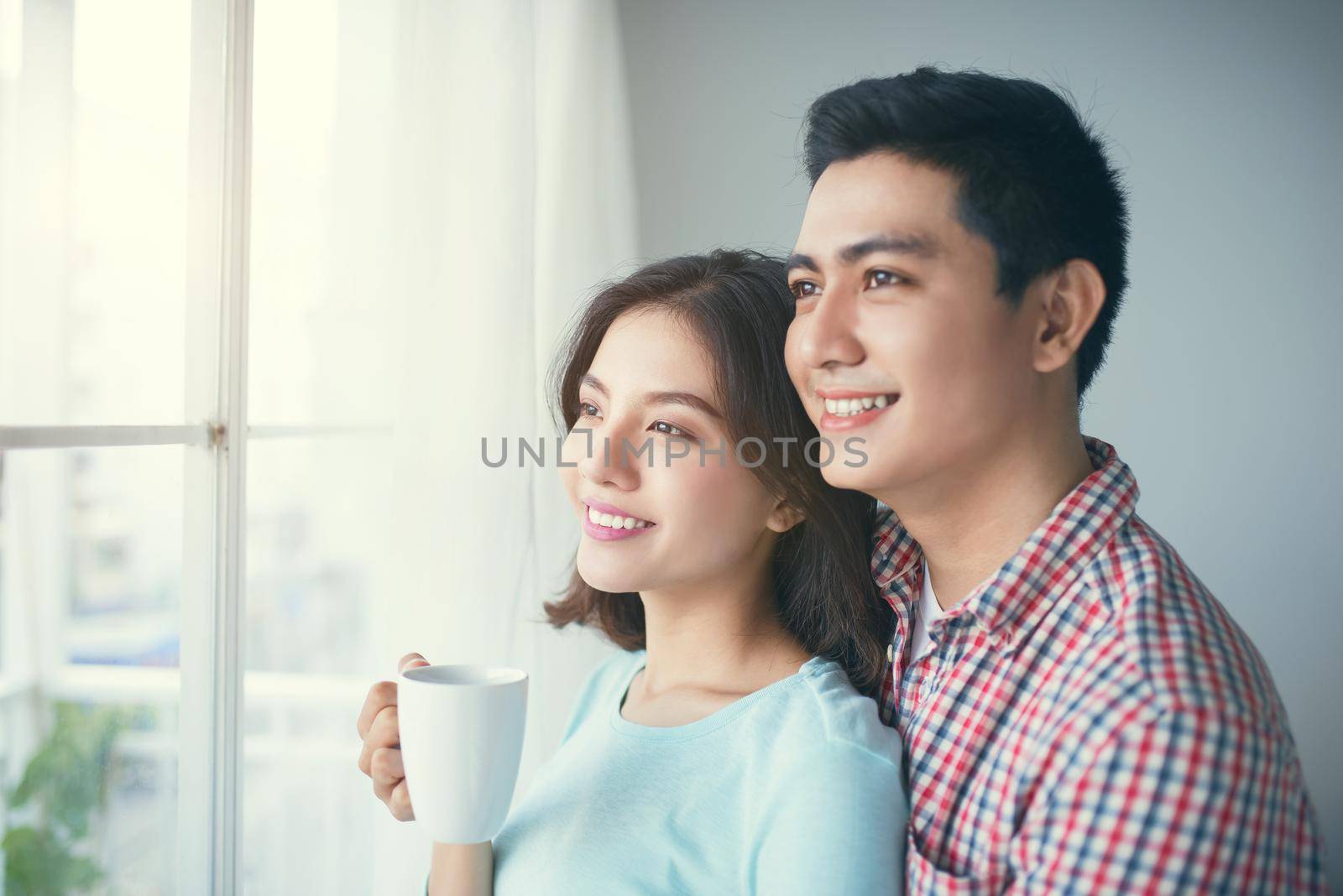 Romantic happy young asian couple relax at modern home indoors