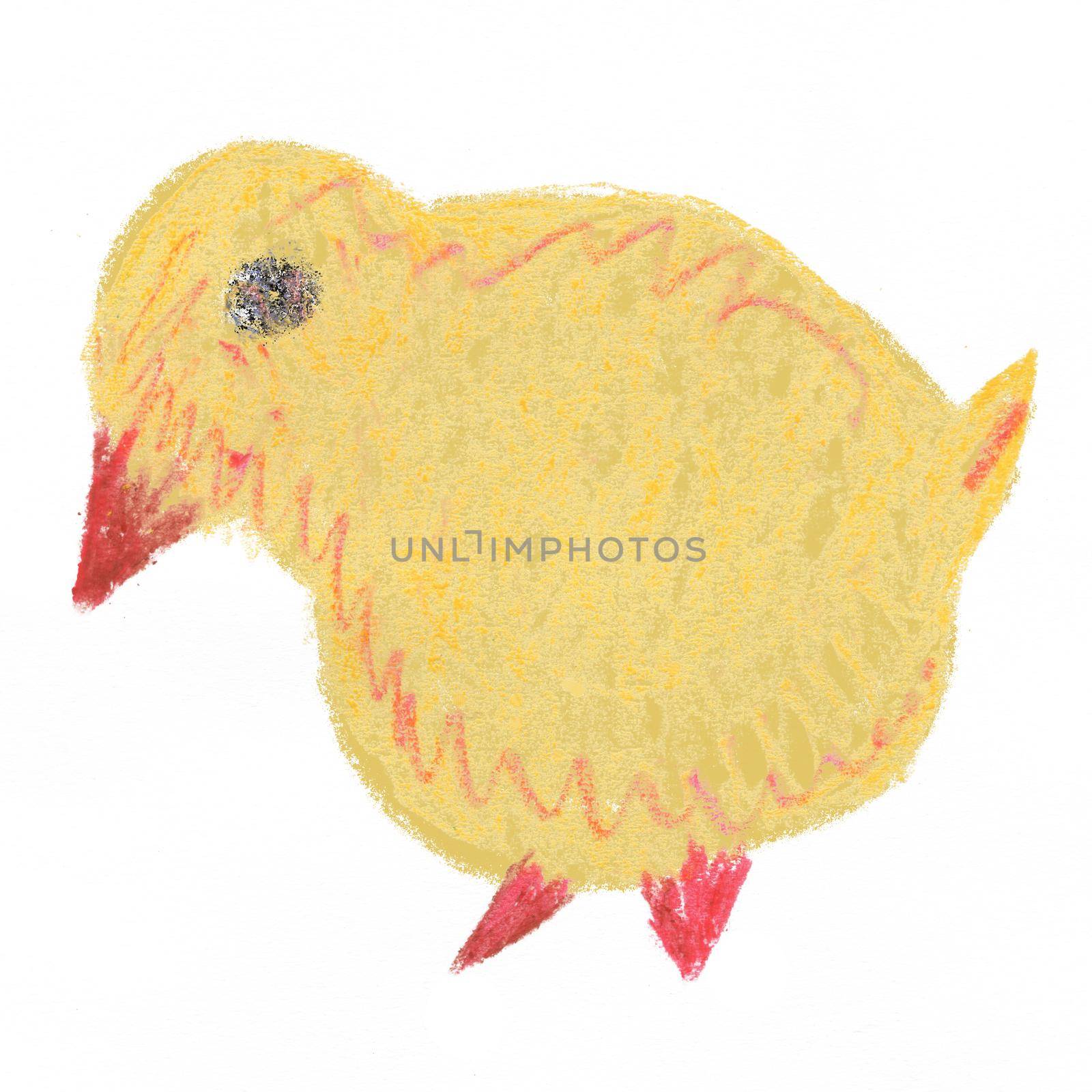 An impression of a chicken. Children drawing. A yellow chicken with a red beak and paws. Watercolor Illustration of Farm Bird.