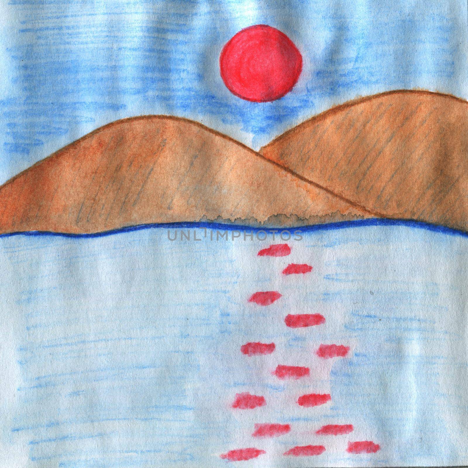 Hand Drawn Watercolor Sunset on the Sea. by Rina_Dozornaya