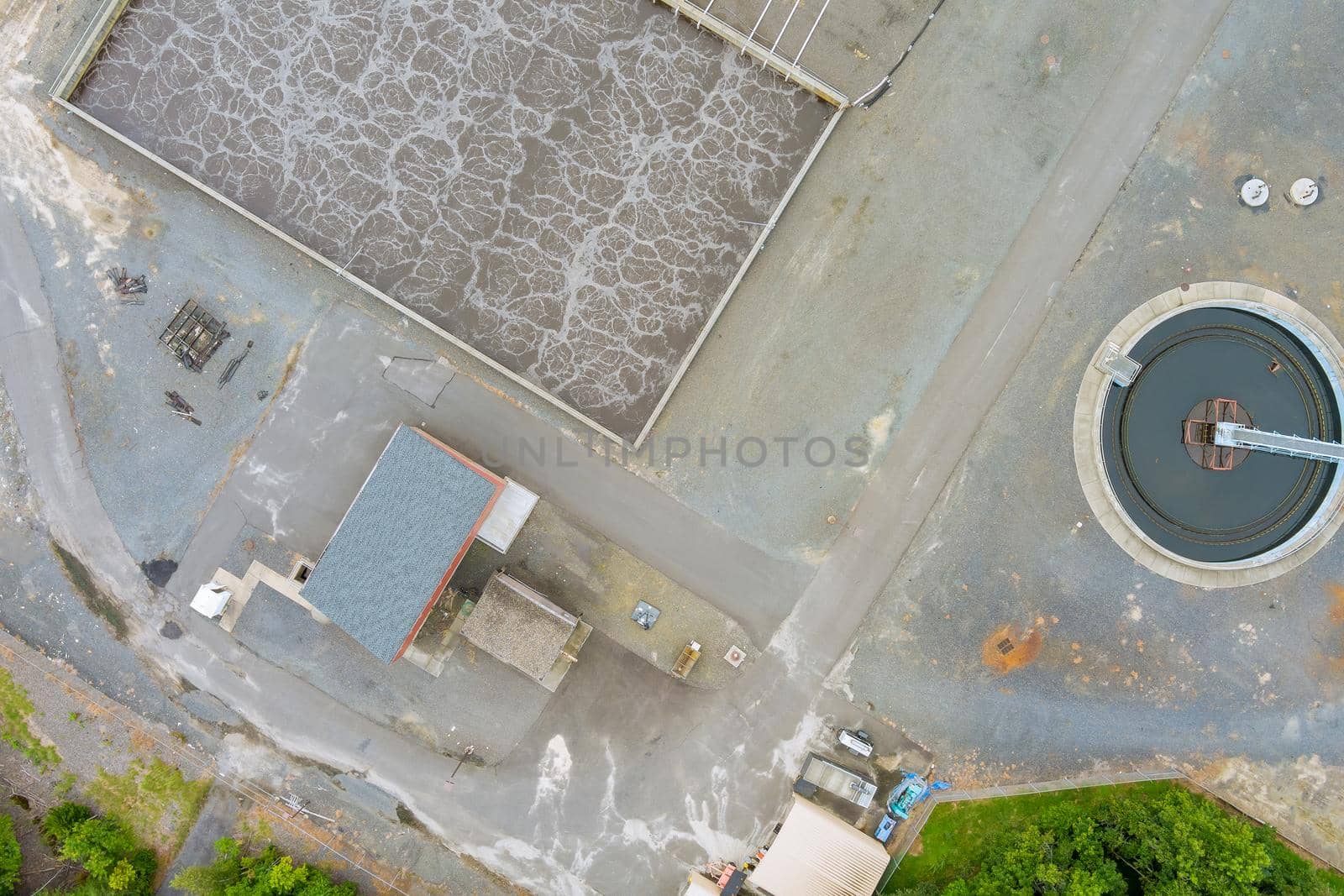 Aerial view of a wastewater purification installation of industrial sewage treatment plant