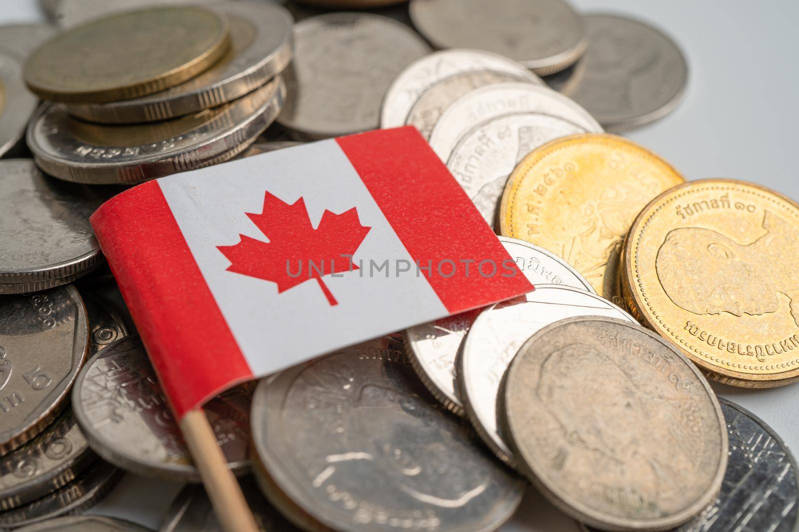 Canada flag on coins background, finance and accounting, banking concept. by pamai