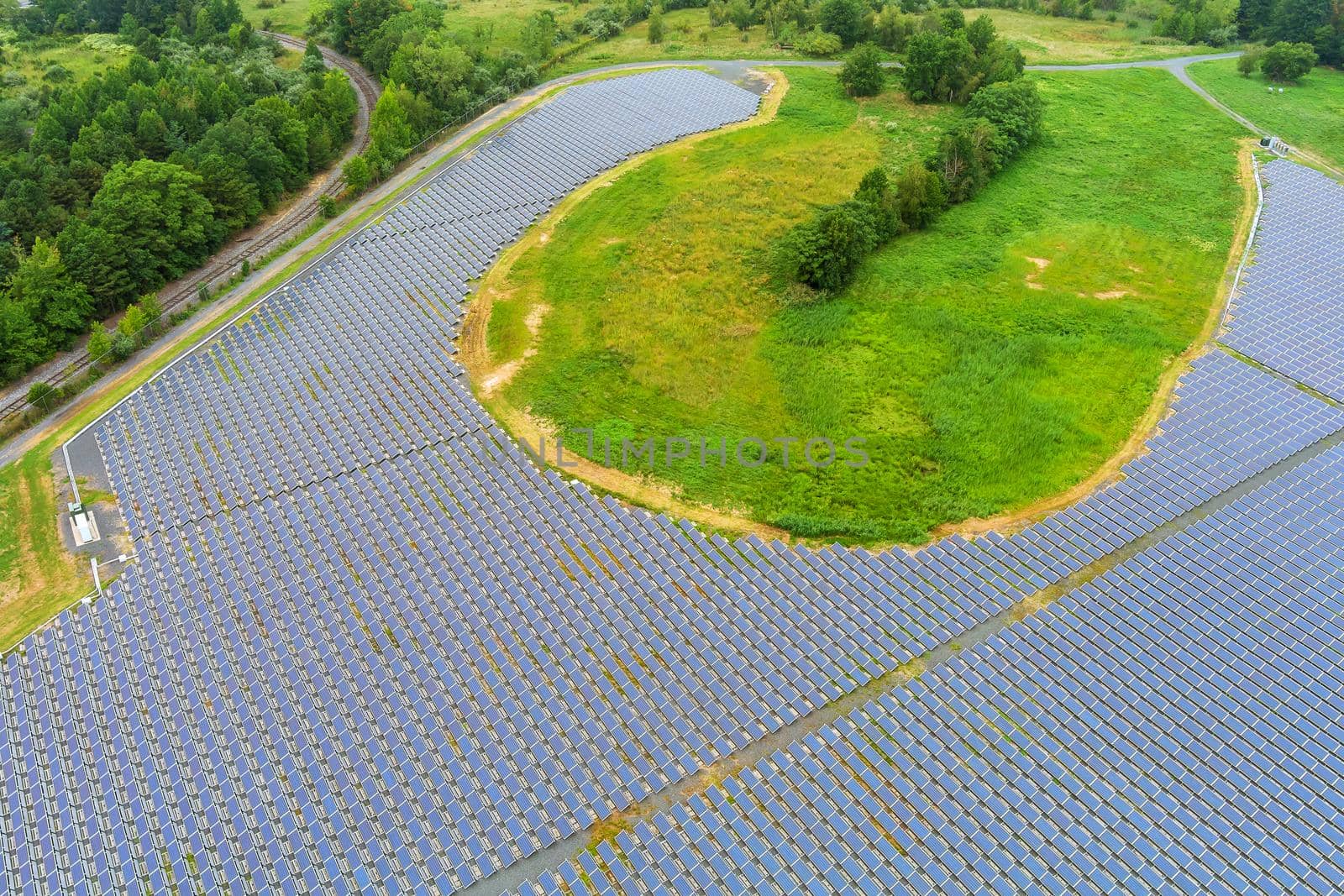 Panorama aerial view of solar panels power station, renewable energy.