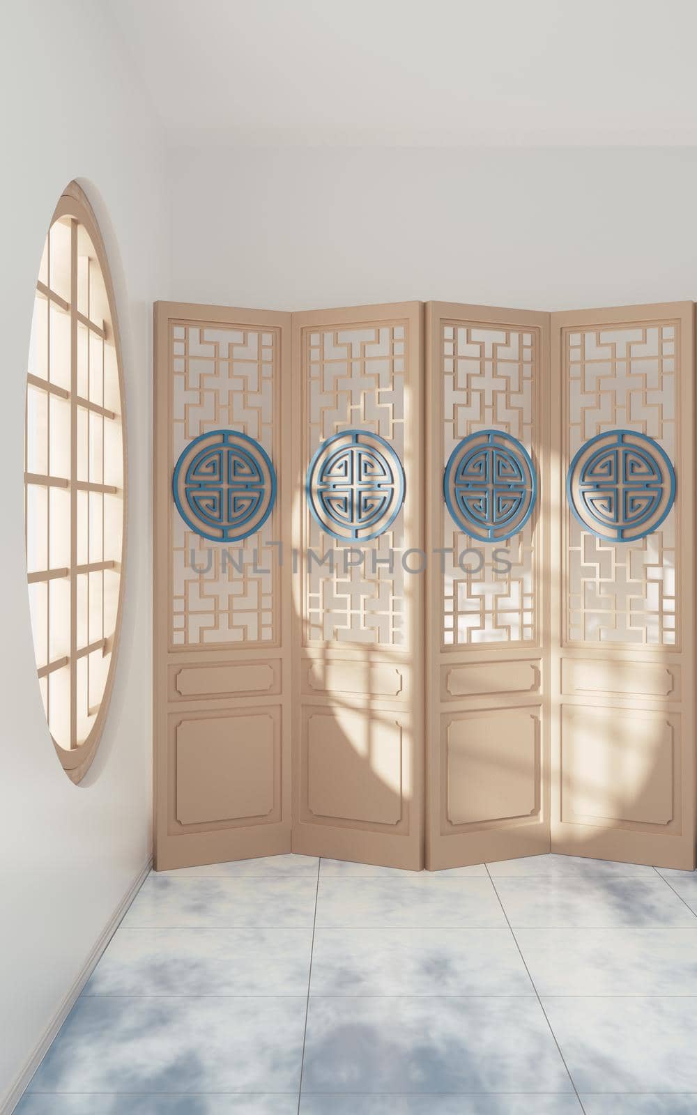 Chinese style room with white background, 3d rendering. Computer digital drawing.