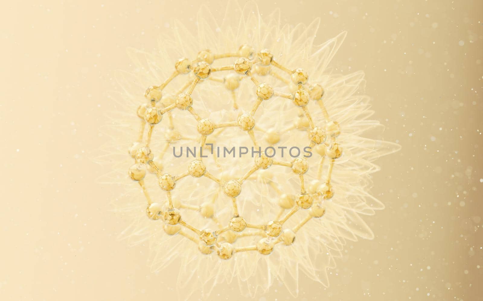 Cell structure with golden background, 3d rendering. Computer digital drawing.