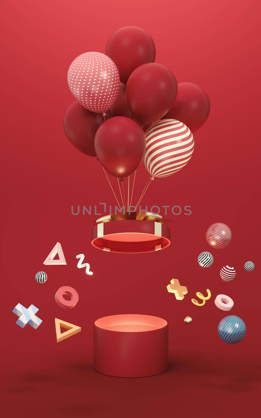 Balloons and Presents with red background, 3d rendering. Computer digital drawing.