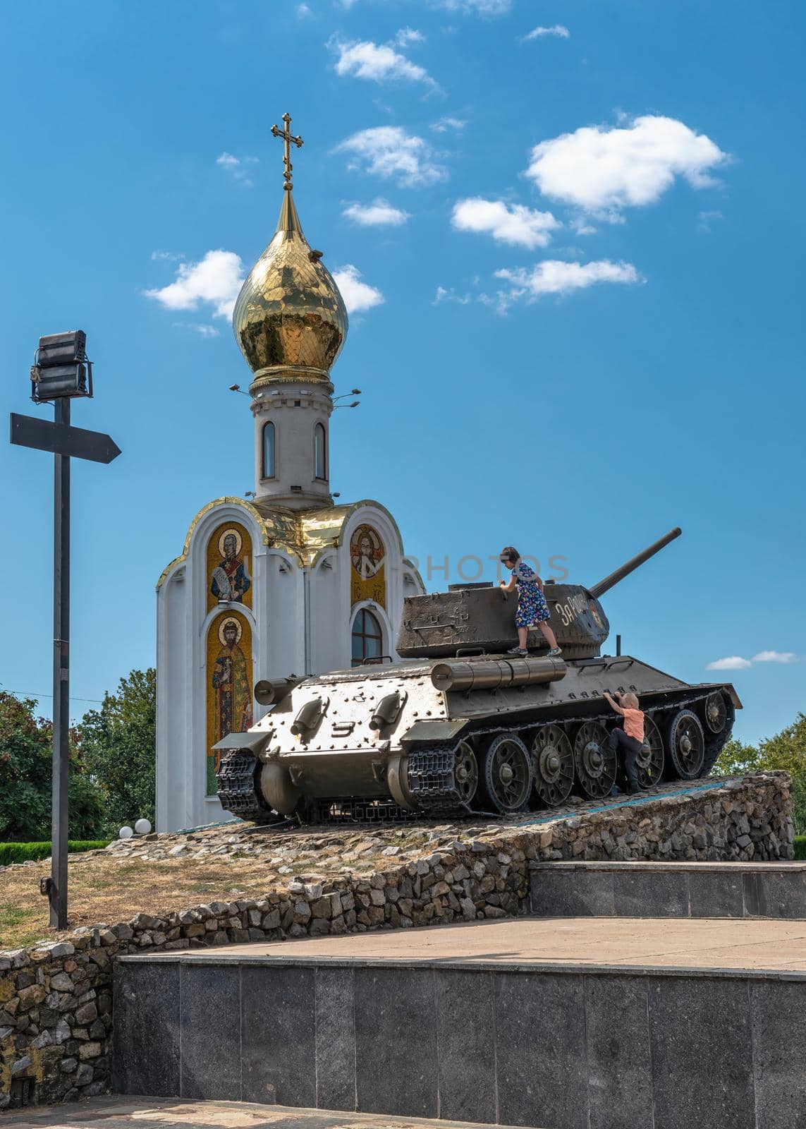 Tiraspol, Moldova 06.09.2021.  Monument to tank in Tiraspol, Transnistria or Moldova, on a sunny summer day