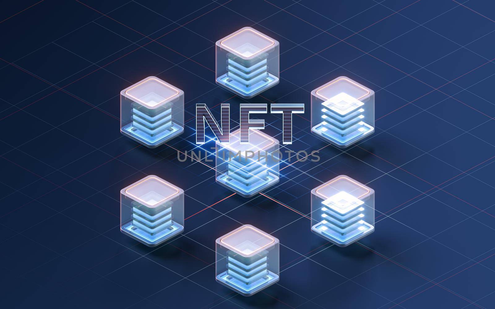 NFT nonfungible tokens concept with dark background, 3d rendering. Computer digital drawing.