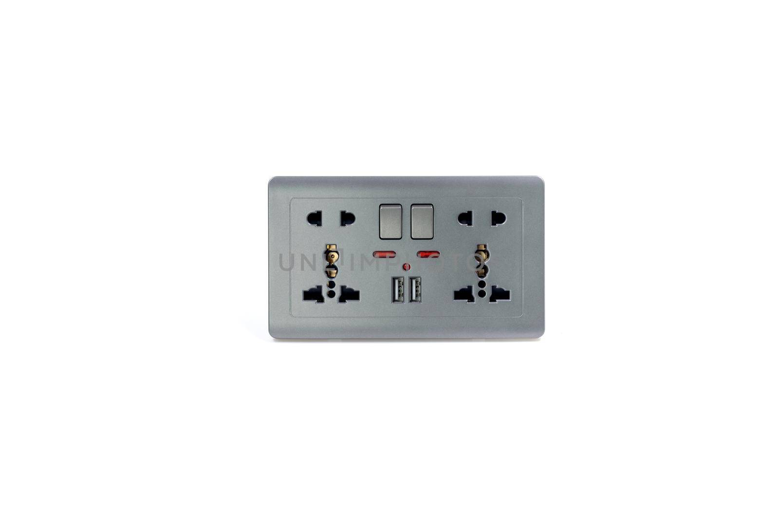 Universal wall outlet AC power plug with USB 5.0V DC output socket for charger isolated on white background.