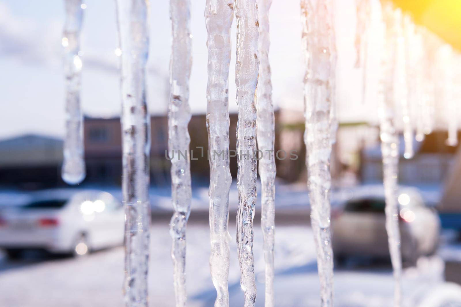 Covered with ice and icicles after freezing rain. Winter frosty scenes. Selective focus by darksoul72