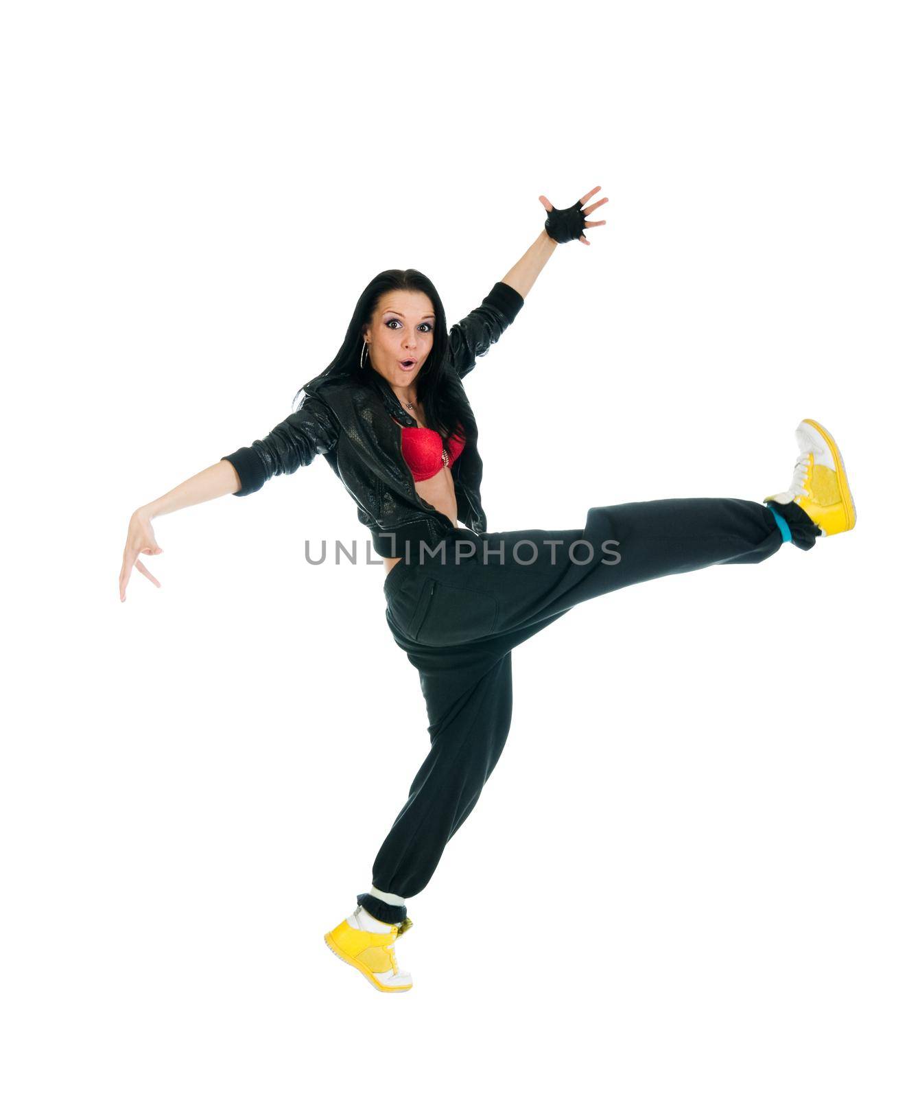 Cool hip-hop girl performing ultra move over white background