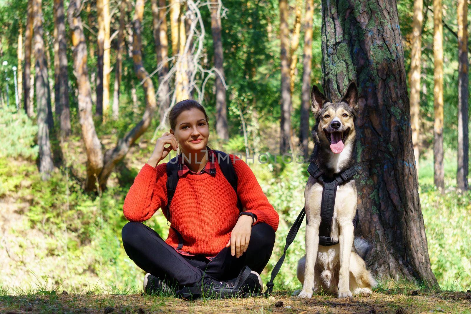 A young girl in a red jacket is sitting in the forest with her dog during a walk by darksoul72
