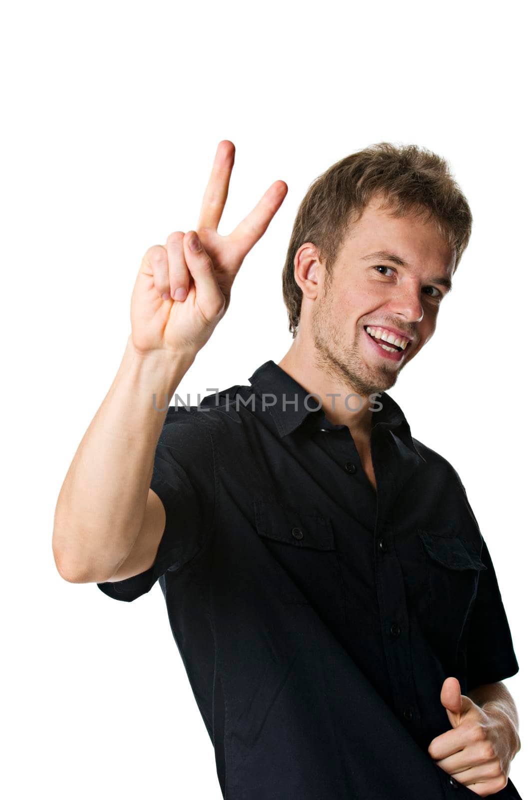 Young man showing victory sign isolated on white