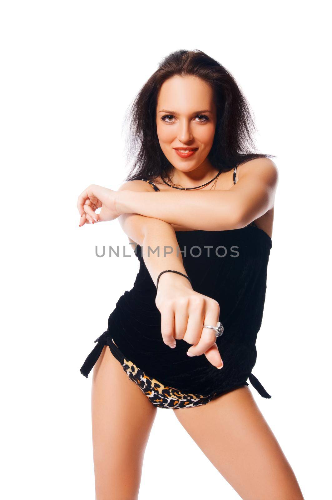 Hot brunette dancer isolated on white background