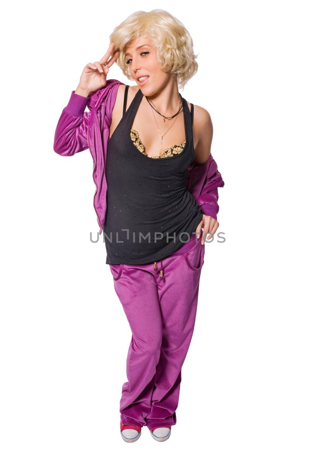 Hot blond dancer isolated on white background