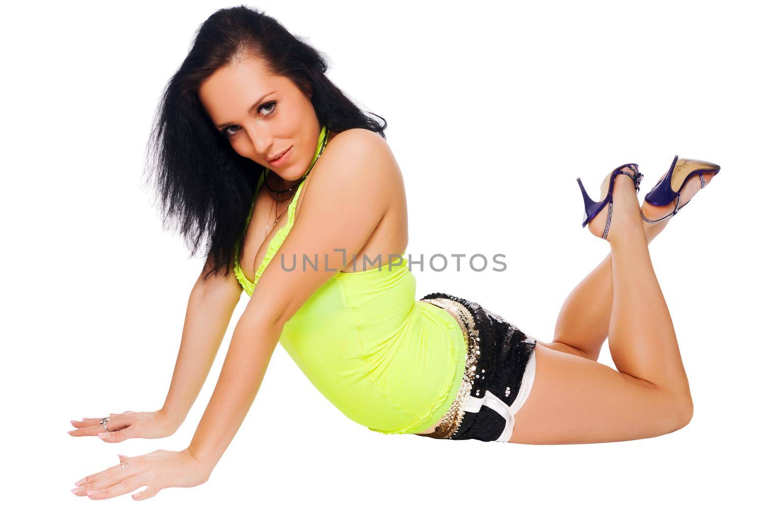 Hot brunette dancer isolated on white background