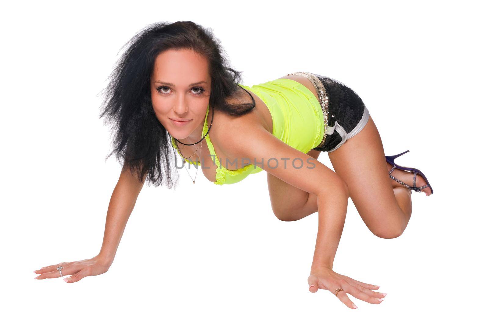 Hot brunette dancer isolated on white background