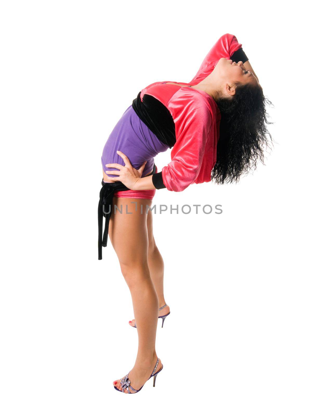 Go-go dancer with gorgeous hair on white background