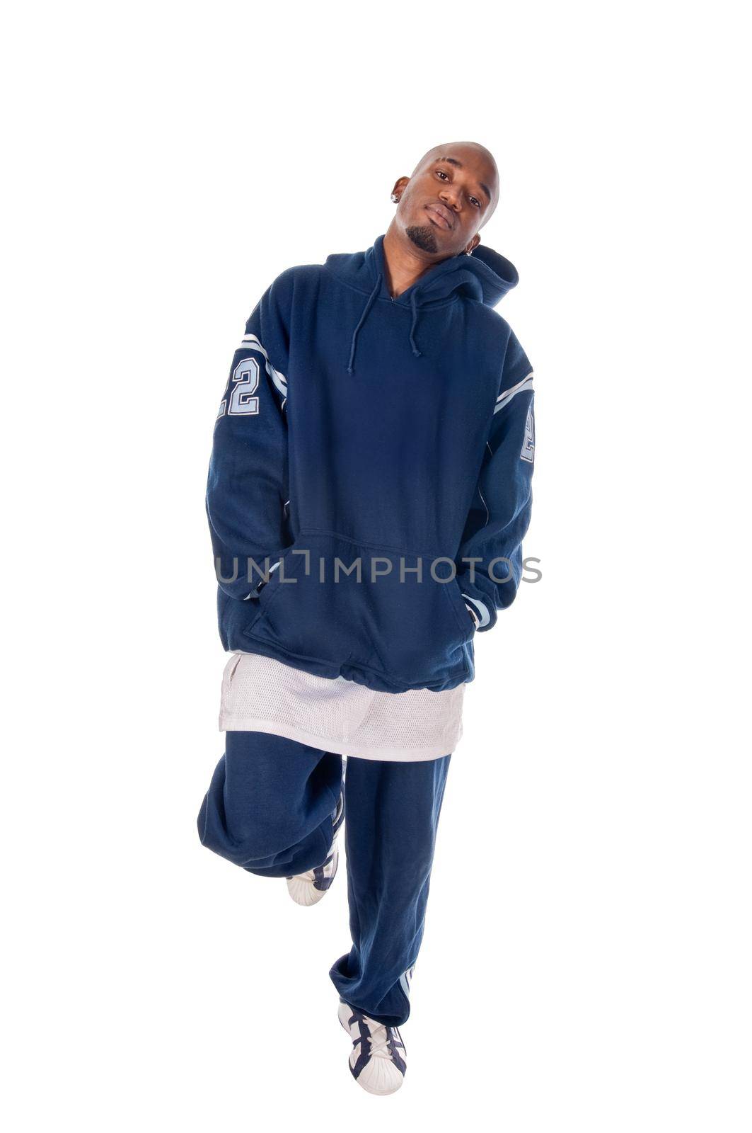 Cool young hip-hop dancer on white background