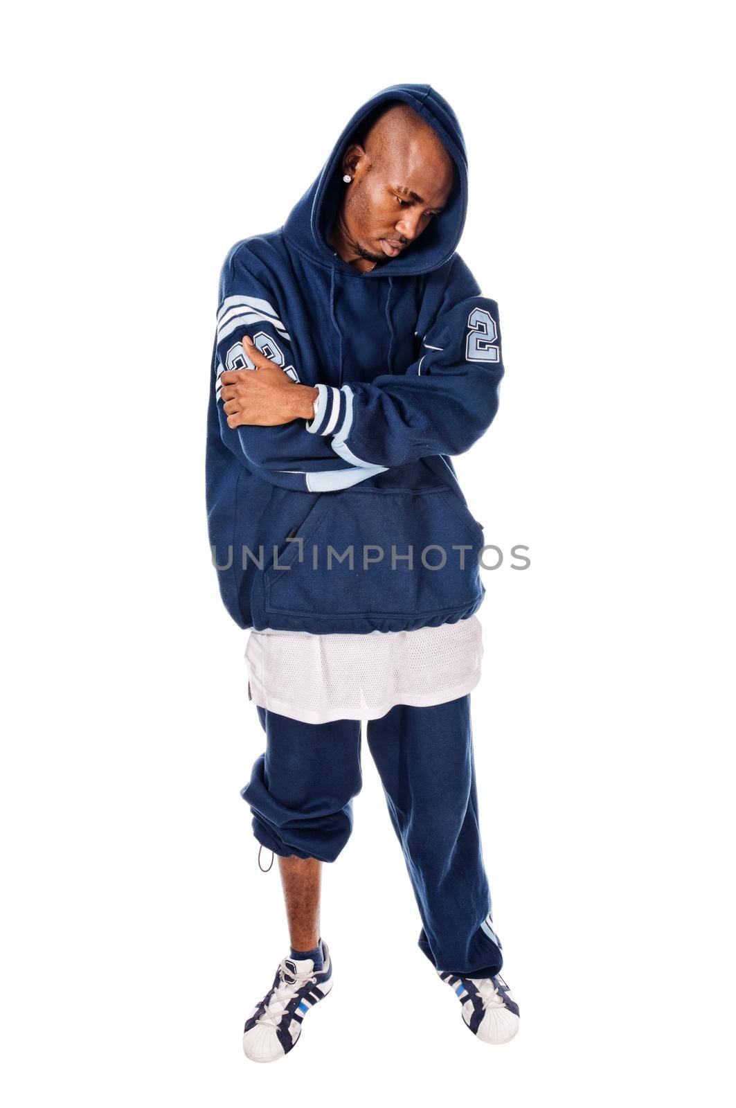 Cool young hip-hop dancer on white background