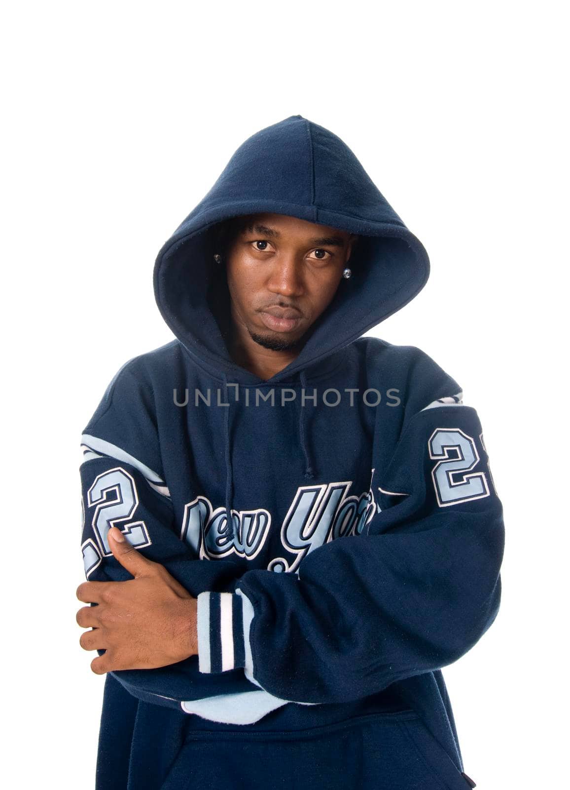 Cool young hip-hop dancer on white background
