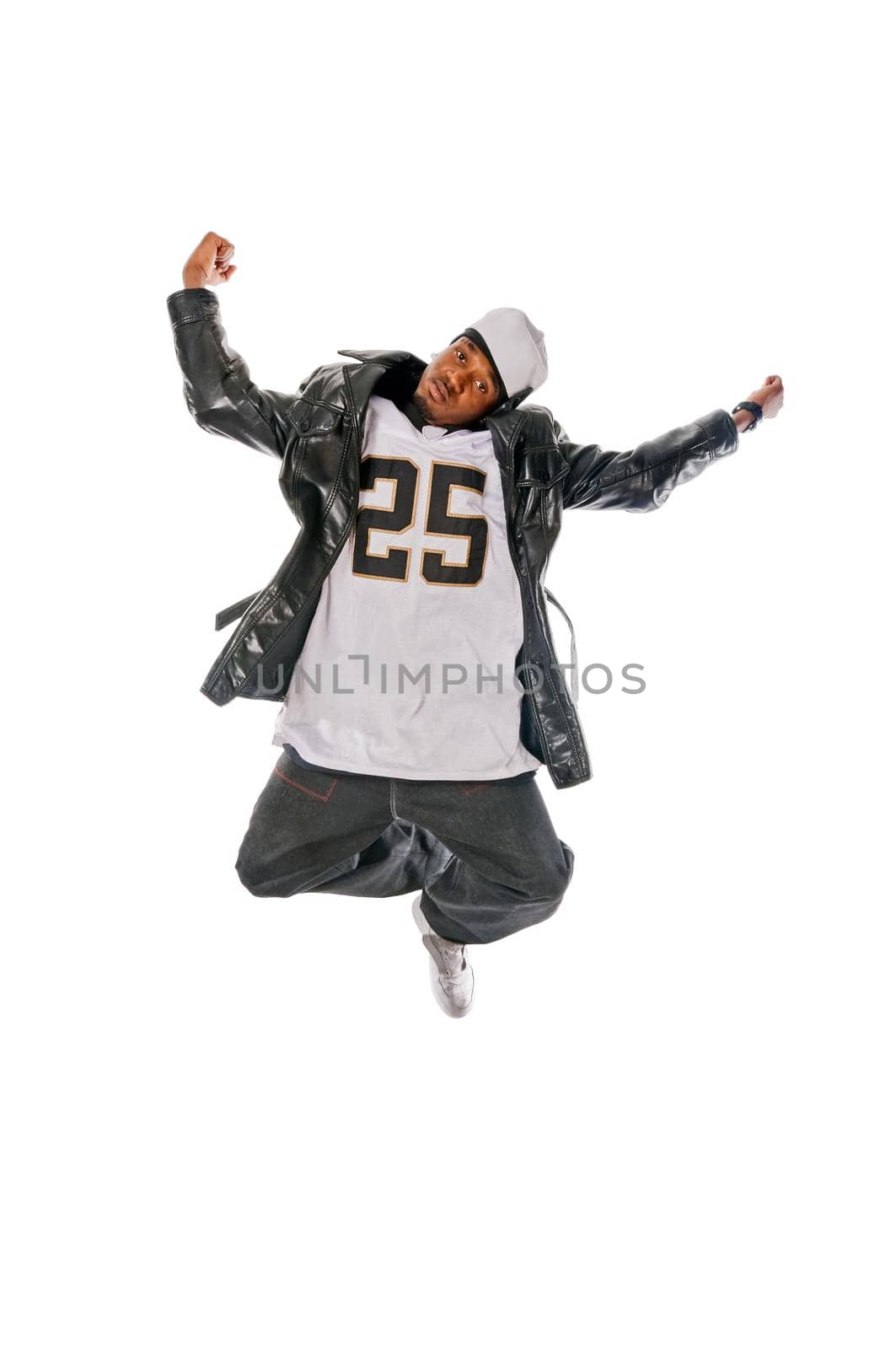 Cool young hip-hop dancer on white background