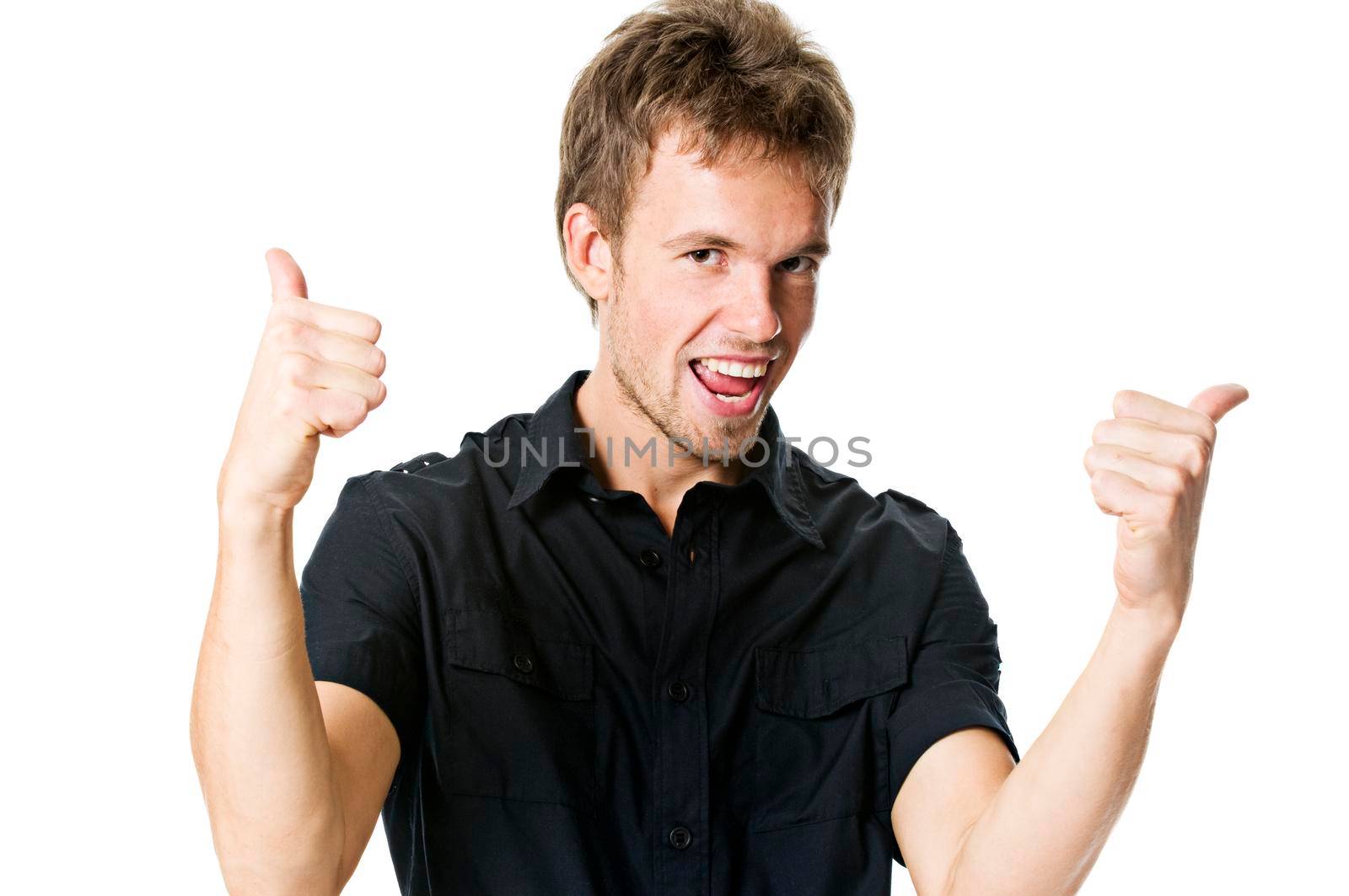 Young man showing double thumbs up isolated on white