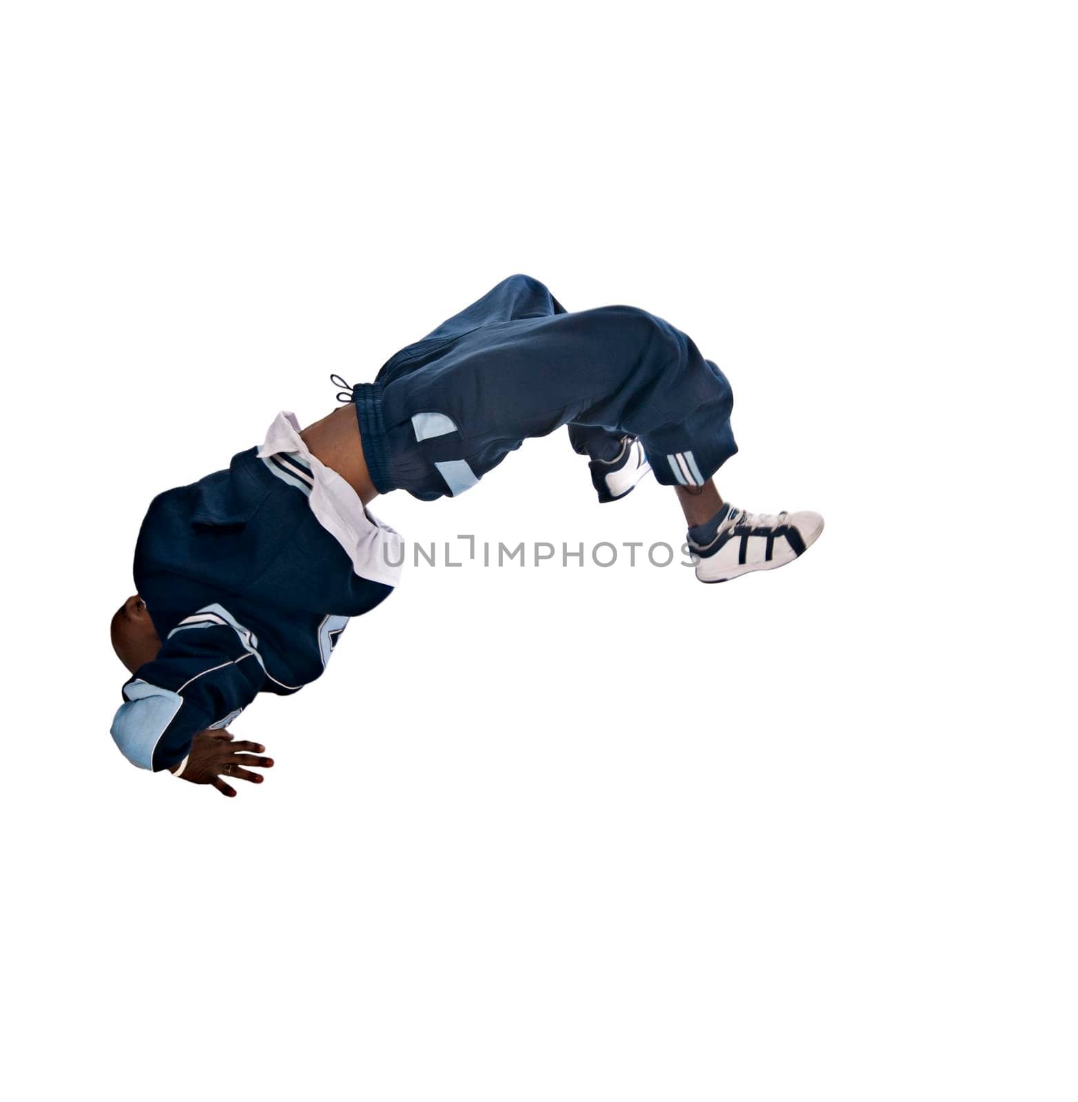 Cool young hip-hop dancer on white background