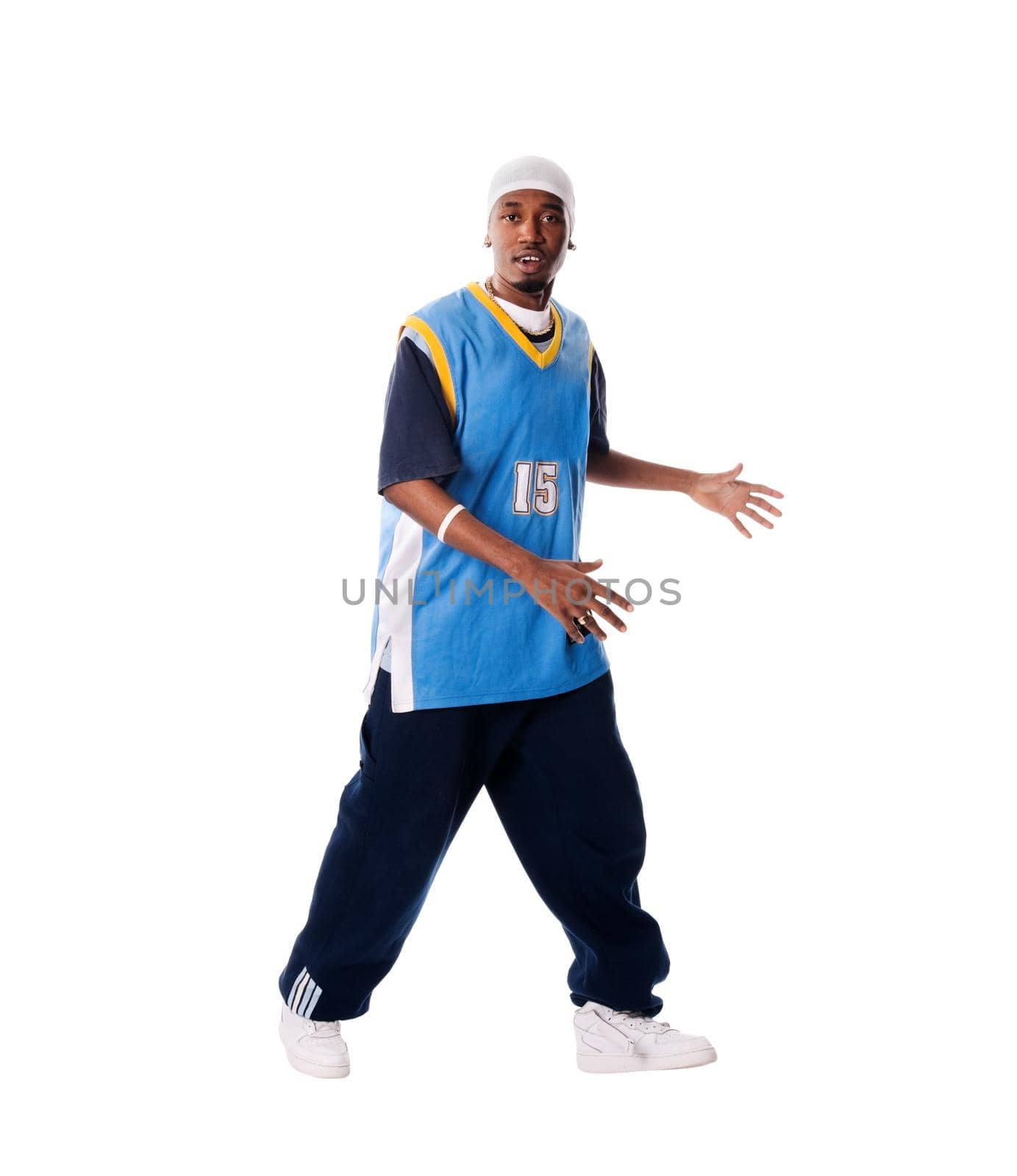 Hip-hop young man making cool move isolated on white background