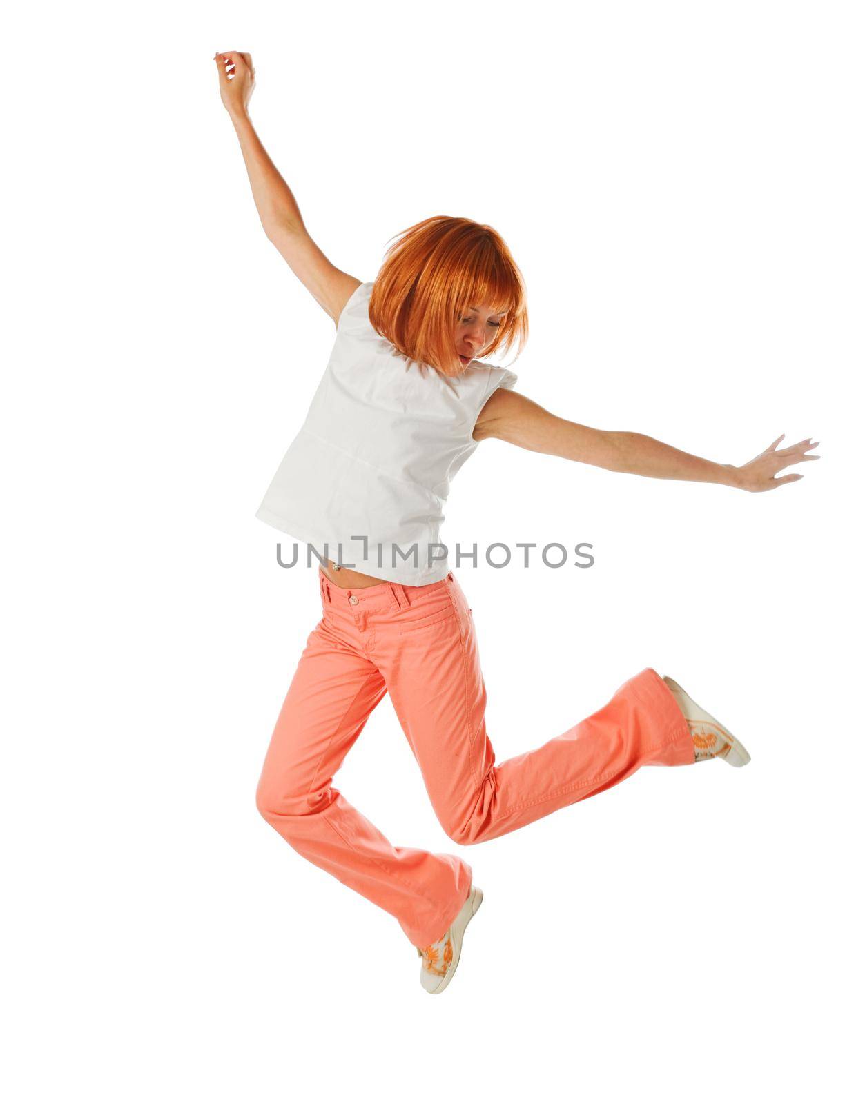 Beautiful red dancer isolated on white background