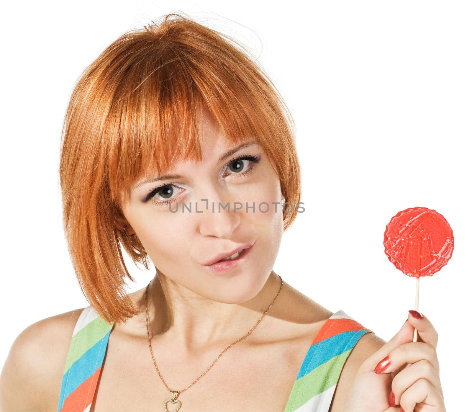 beautiful red-haired girl isolated on white background